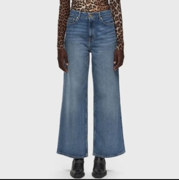 GANNI Andi Wide Leg Straight Mid Blue Denim Size 26W/32L - Picture 1 of 11